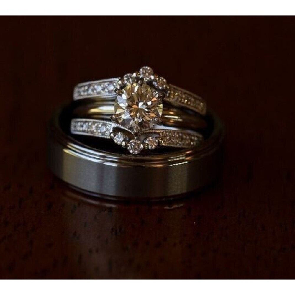 1.03CT Round Diamond Engagement Ring Set | G VS2 | Platinum 3-Piece Bridal Set - Picture 2 of 16